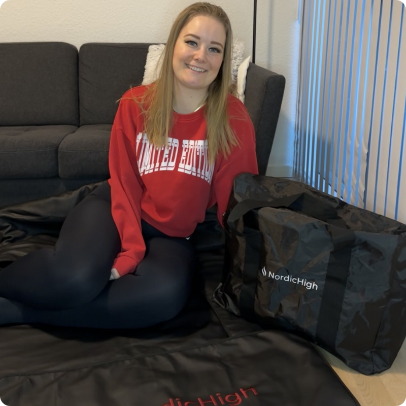 kvinna i rött och INFRARÖD BASTUFILT